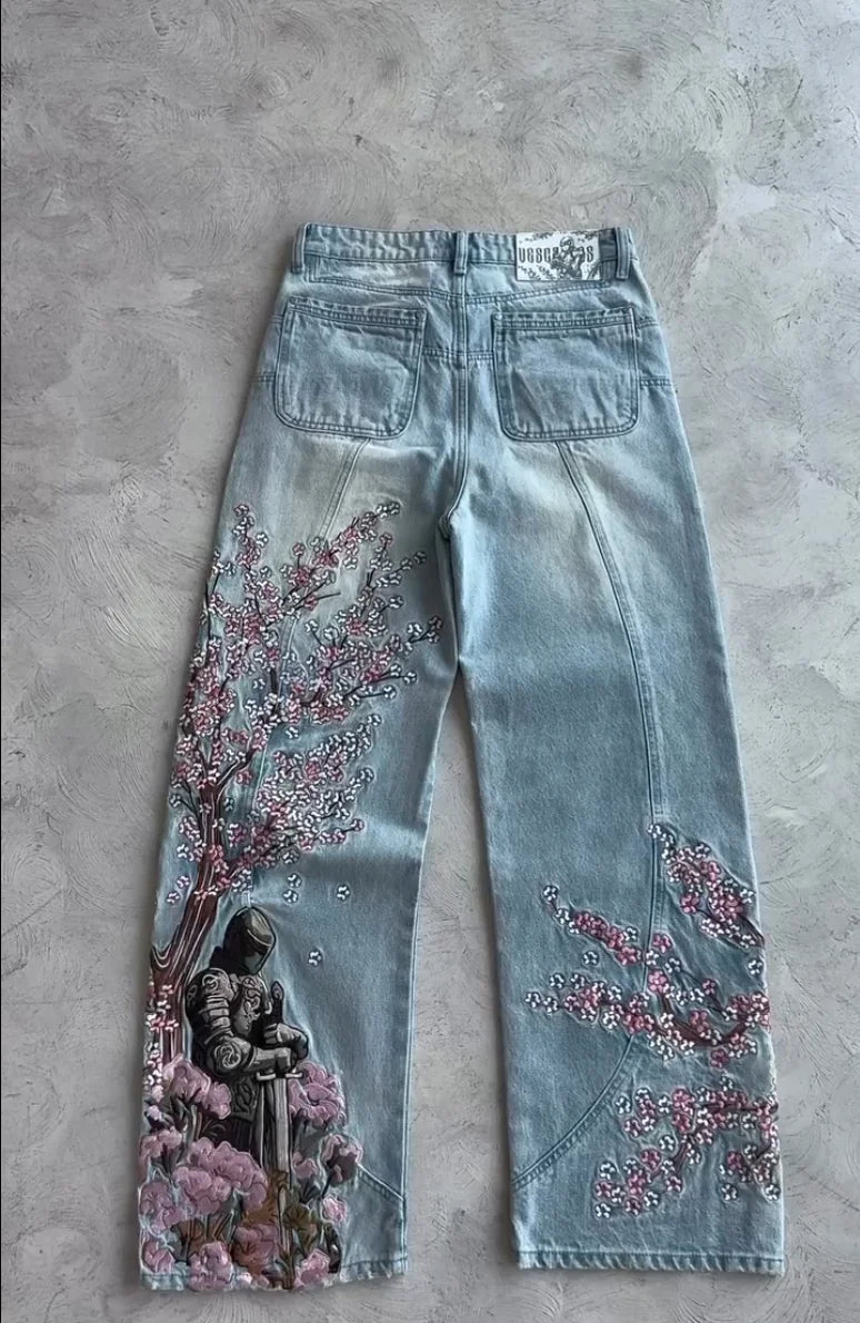 Vintage Cherry Blossom Black Knight Embroidery Jeans Y2K Retro Baggy Straight Denim Pants Blue Wash Jean Men Clothing Streetwear