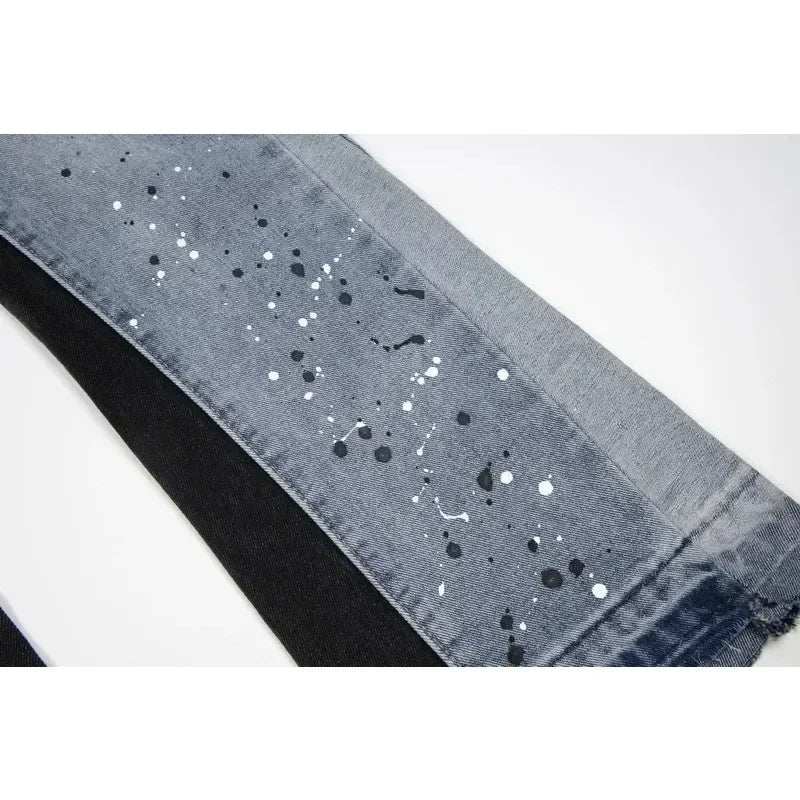 2024 High Street Splashed Ink Ripped Patchwork Jeans for Men and Women Trendy Brand American Straight Slim Micro-Flared Trousers