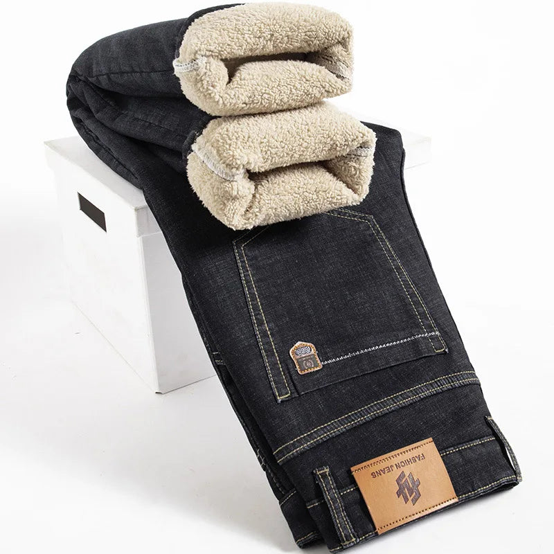 Men's winter lamb fluff fleece-lined black denim straight jeans warm high waist stretch pants