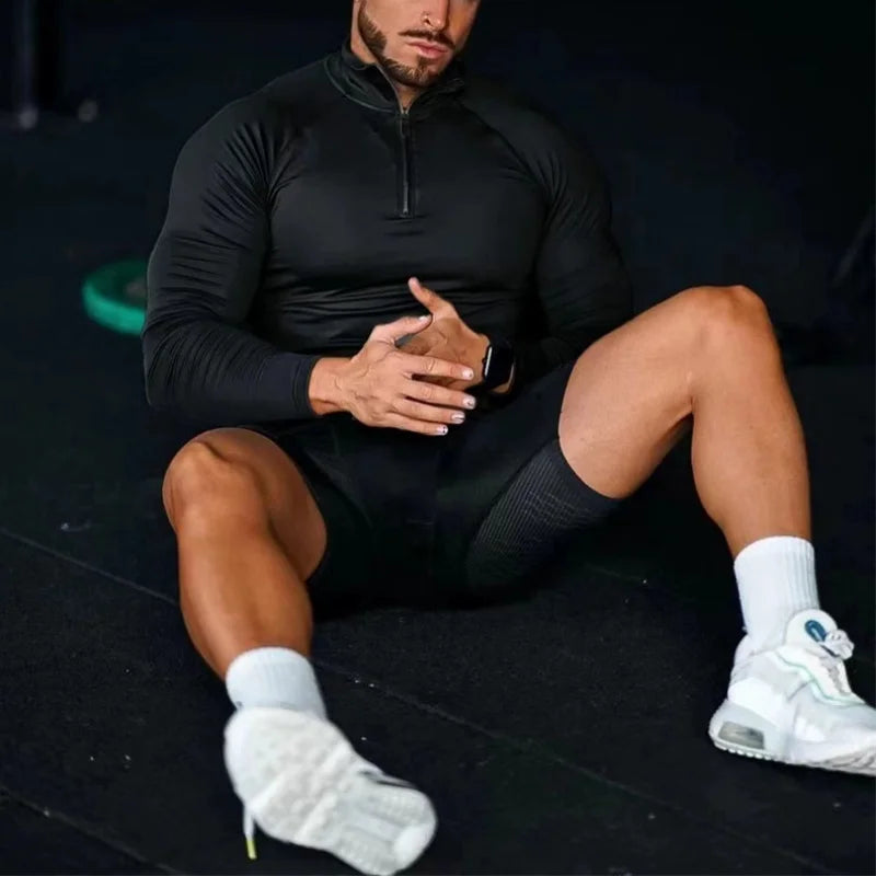 Fitness Compression Sport T-shirt Gym Running Exercise Elastic Long Sleeves Sweatshirt half zip High neck Tops men Tight T-shirt