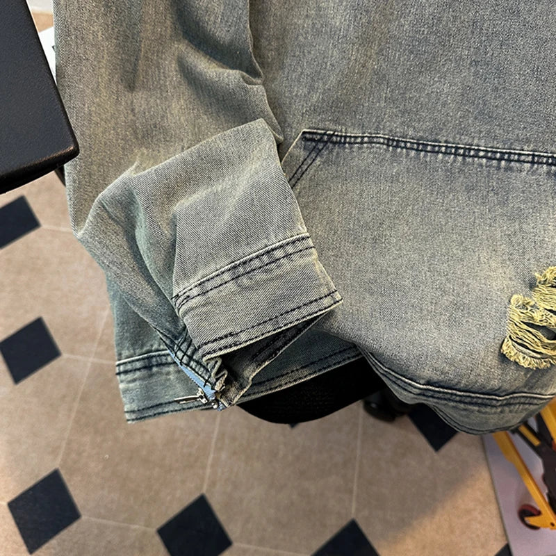 Men'S Autumn New Hoodies&Sweatshirts Letter Patchwork Denim Pullover Tops American Fashion Streetwear Ripped Hooded Jackets