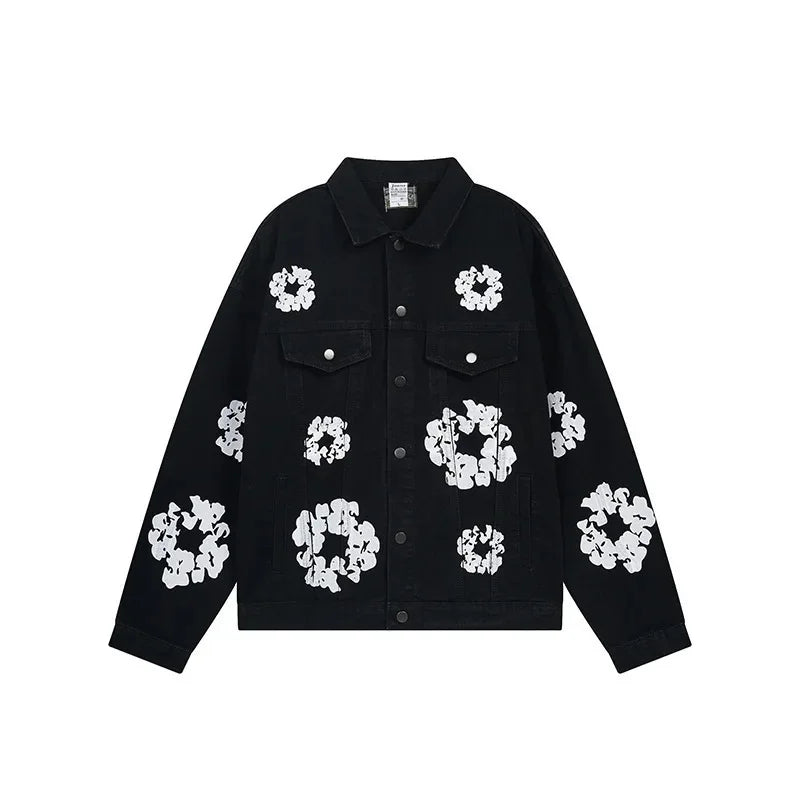 Wood Cotton Full Print Men'S Denim Jacket Coat High Street Washed Jeans Set Street Style Cotton Long Sleeve Flip Collar