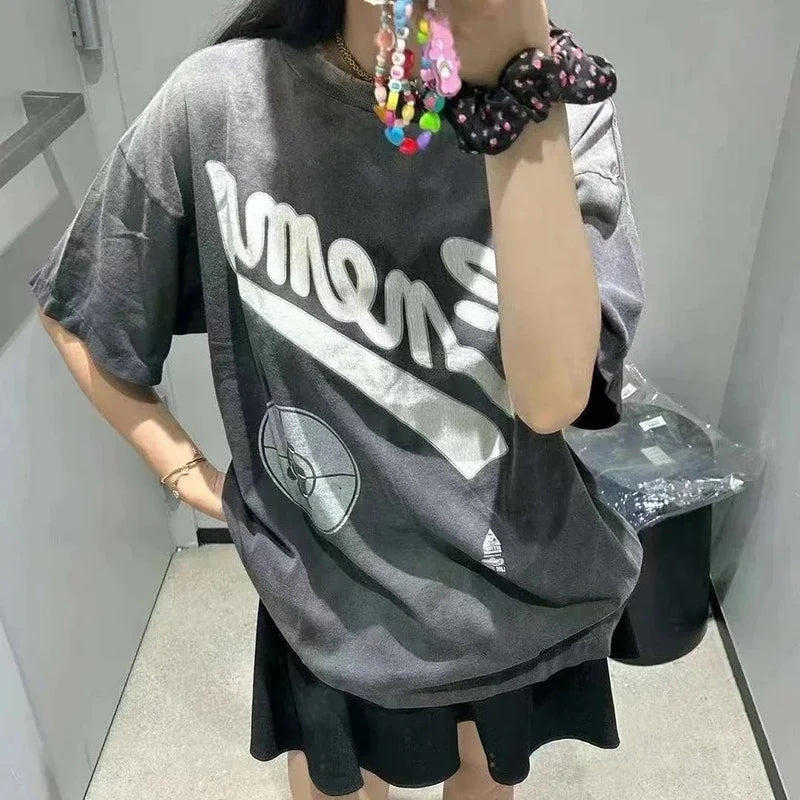 Vintage Washed Black Target Print Saint T-Shirt Men Women Streetwear Oversized High Quality T Shirt Casual Fashion Tee Tops