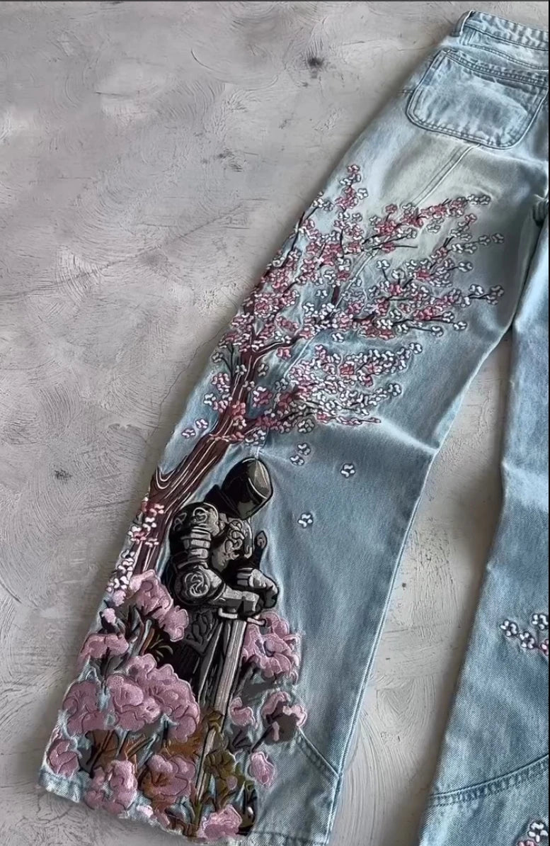 Vintage Cherry Blossom Black Knight Embroidery Jeans Y2K Retro Baggy Straight Denim Pants Blue Wash Jean Men Clothing Streetwear