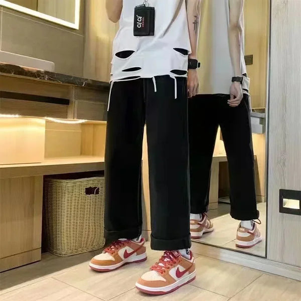 2024 High Street Splashed Ink Ripped Patchwork Jeans for Men and Women Trendy Brand American Straight Slim Micro-Flared Trousers