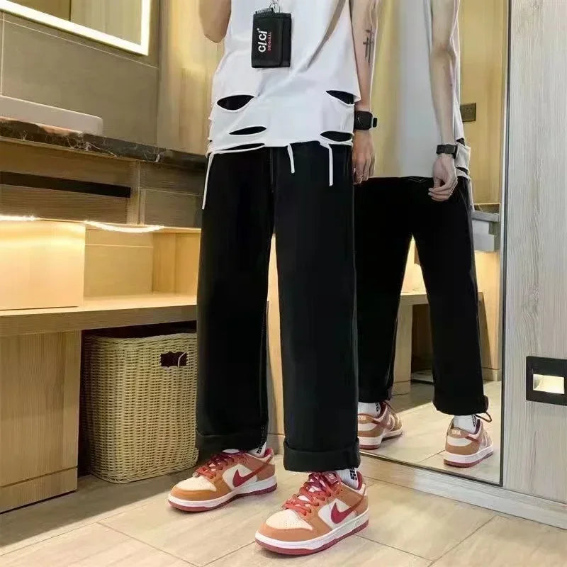 2024 High Street Splashed Ink Ripped Patchwork Jeans for Men and Women Trendy Brand American Straight Slim Micro-Flared Trousers