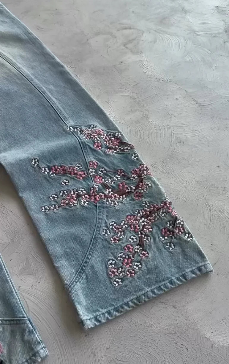 Vintage Cherry Blossom Black Knight Embroidery Jeans Y2K Retro Baggy Straight Denim Pants Blue Wash Jean Men Clothing Streetwear