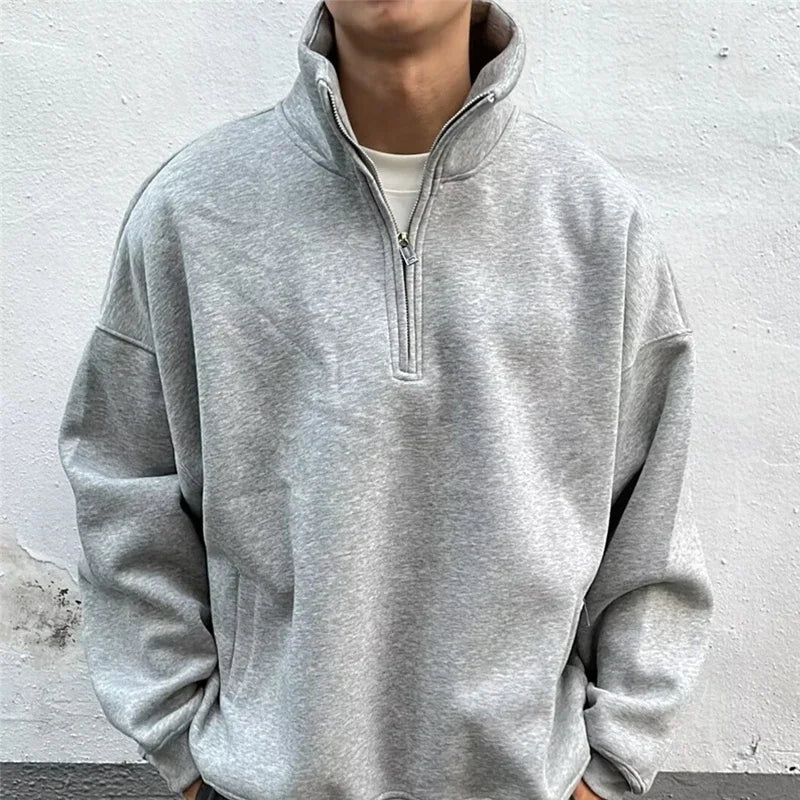 Men's half zipper sweatshirt in gray with stand collar, autumn casual pullover, Y2K vintage style