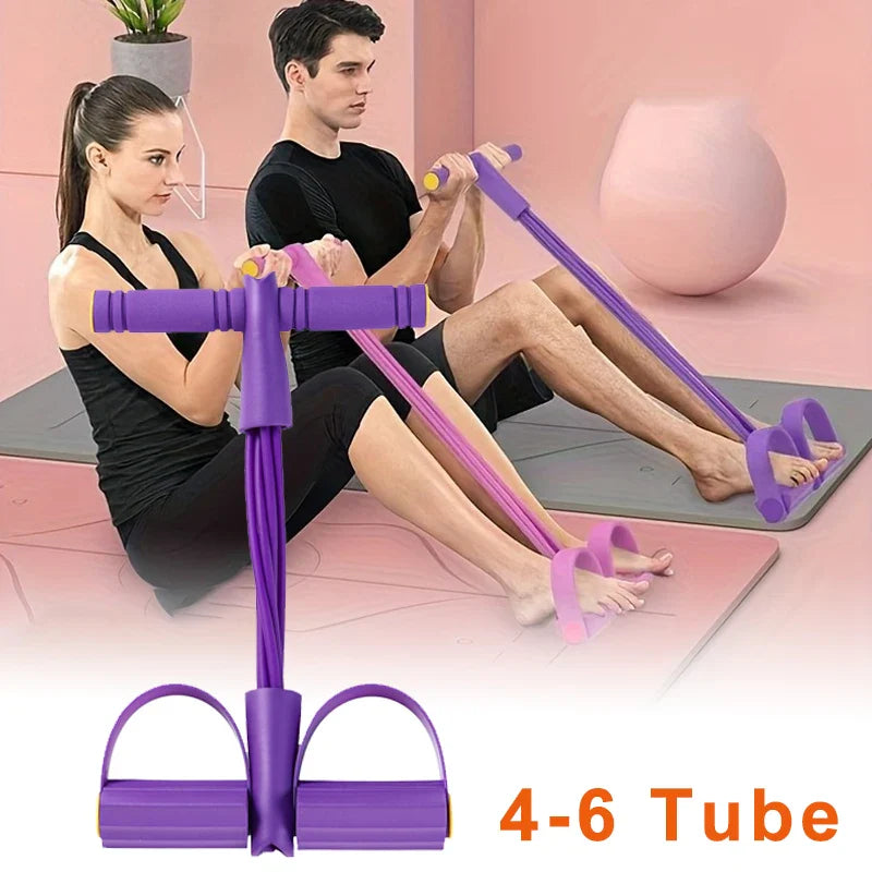 Purple 4-level resistance band tensioner with non-slip handles for home fitness and abdominal muscle training