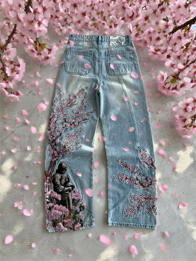 Vintage Cherry Blossom Black Knight Embroidery Jeans Y2K Retro Baggy Straight Denim Pants Blue Wash Jean Men Clothing Streetwear
