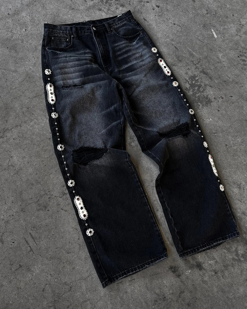 Vintage Cherry Blossom Black Knight Embroidery Jeans Y2K Retro Baggy Straight Denim Pants Blue Wash Jean Men Clothing Streetwear