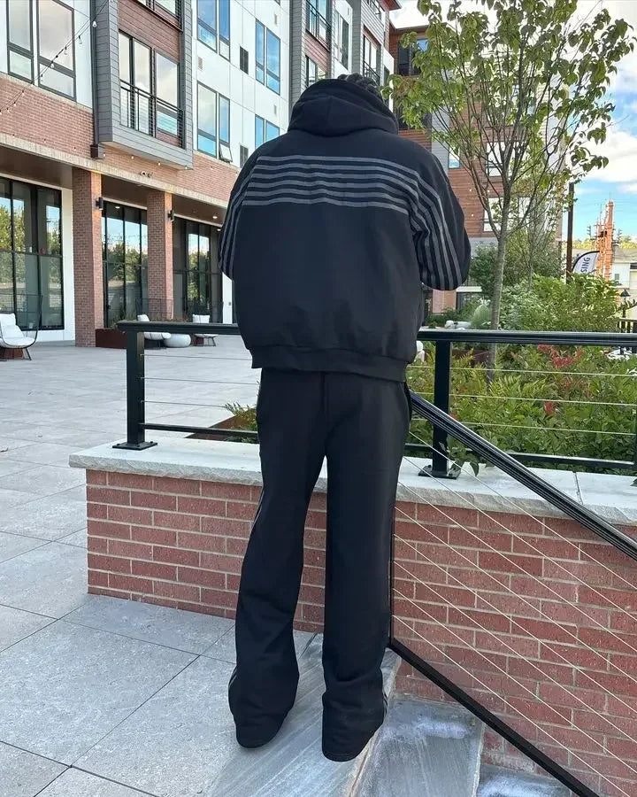 New Y2K Zip Hooded Sweatpants Set Men Two Piece Hip Hop Embroidered Vintage Stripe Oversized Hooded Sweatshirt Casual Pants Set