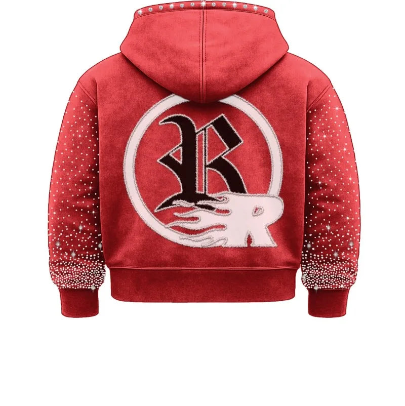 2025 Trendy diamond encrusted embroidered logo design trendy couple zipper hoodie High street Y2K retro rock Gothic loose hoodie