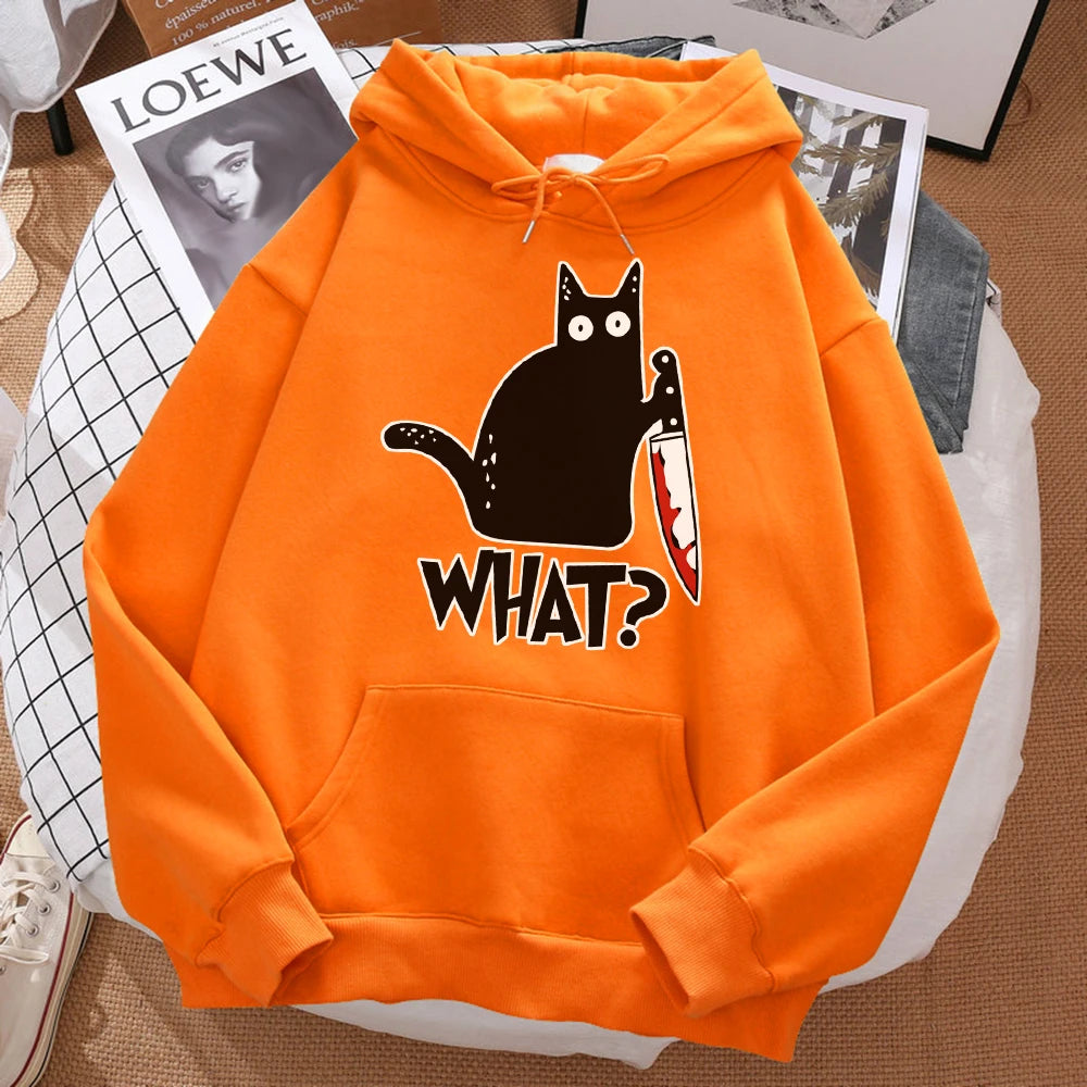 What Cute Little Black Cat Holding A Knife Men Hoodie Street Fleece Hoody Hipster Autumn Sweatshirt Hip Hop Clothing Woman