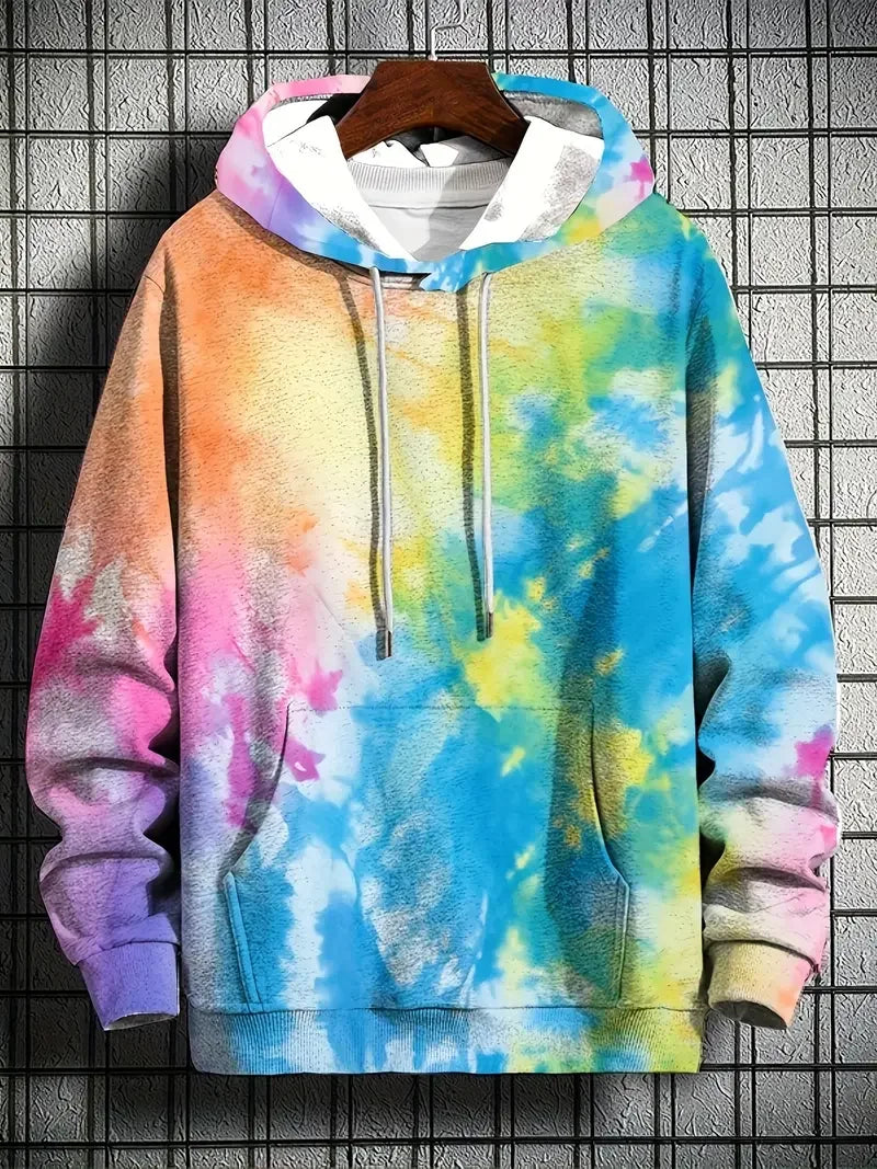 Colorful tie-dye hoodie with 3D print, oversized casual pullover for men and women