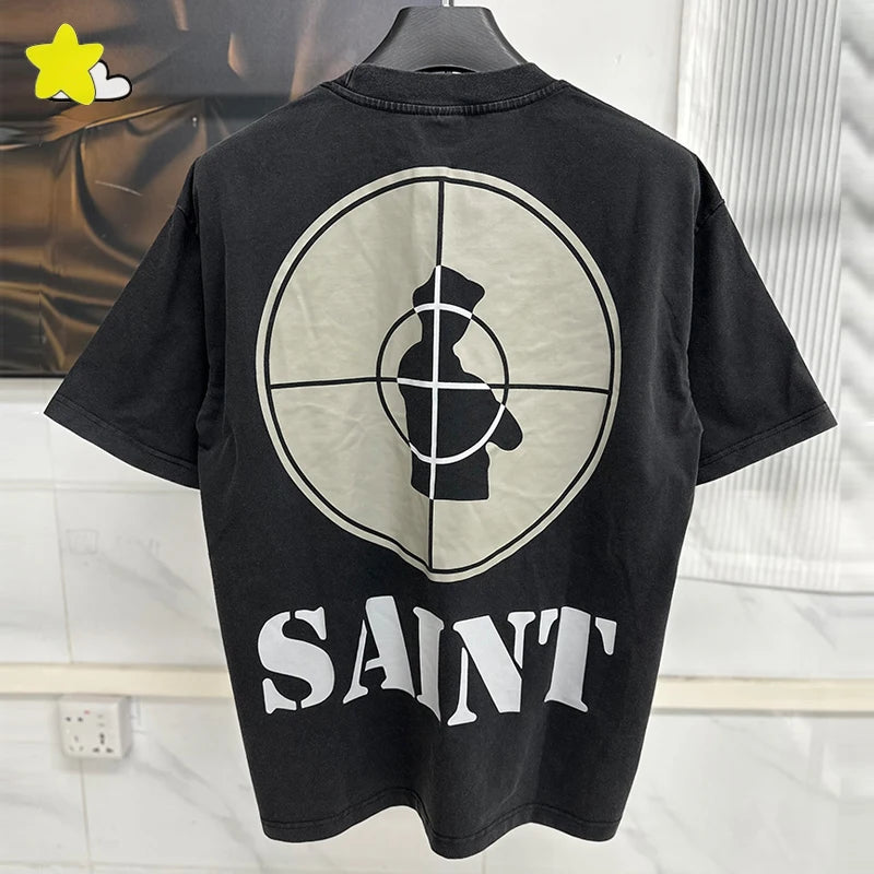 Vintage Washed Black Target Print Saint T-Shirt Men Women Streetwear Oversized High Quality T Shirt Casual Fashion Tee Tops
