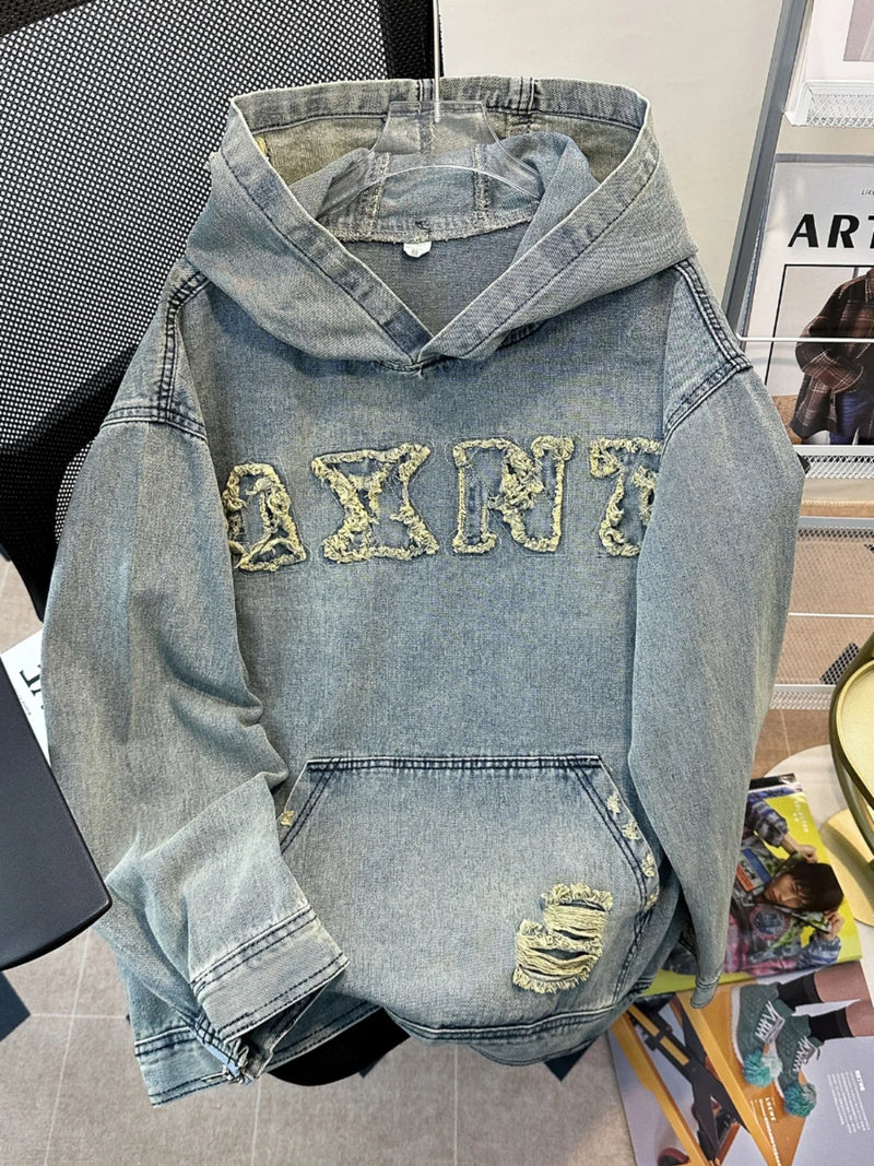 Men'S Autumn New Hoodies&Sweatshirts Letter Patchwork Denim Pullover Tops American Fashion Streetwear Ripped Hooded Jackets