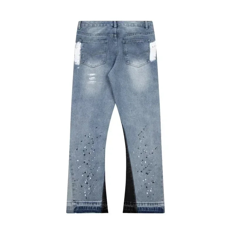 2024 High Street Splashed Ink Ripped Patchwork Jeans for Men and Women Trendy Brand American Straight Slim Micro-Flared Trousers