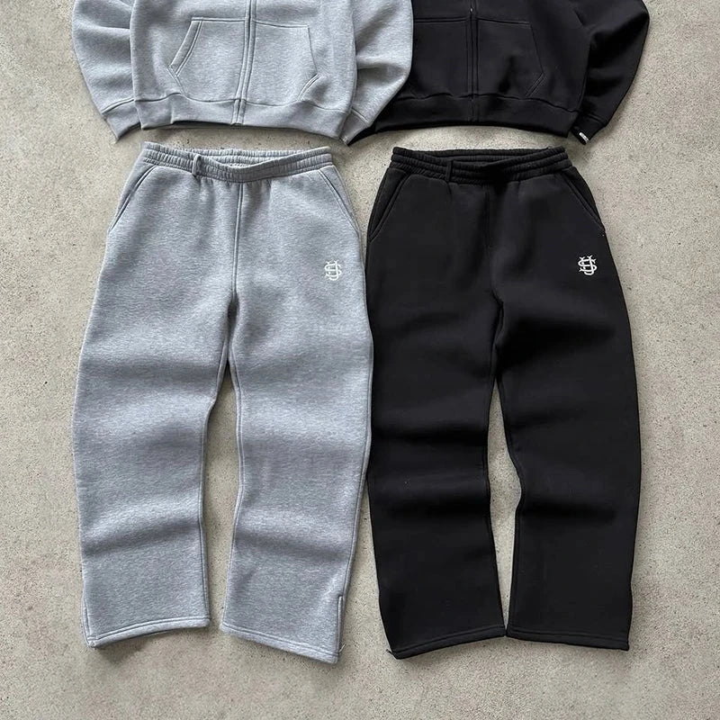 Autumn drawstring zipper sweatpants in grey and black with high waist and loose fit for casual hip-hop style