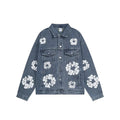 Wood Cotton Full Print Men'S Denim Jacket Coat High Street Washed Jeans Set Street Style Cotton Long Sleeve Flip Collar
