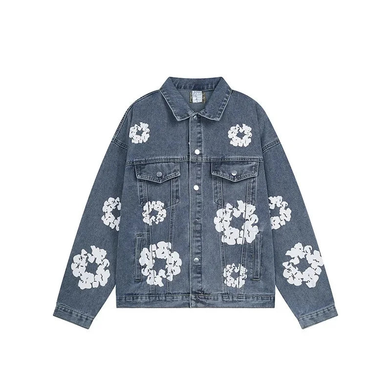 Wood Cotton Full Print Men'S Denim Jacket Coat High Street Washed Jeans Set Street Style Cotton Long Sleeve Flip Collar