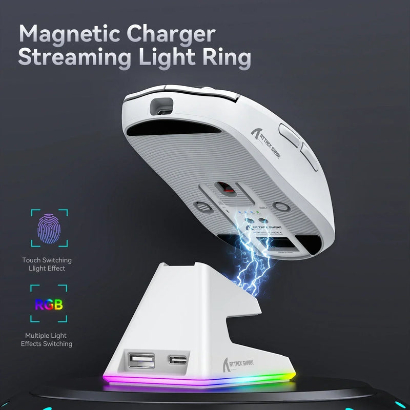 X6 PAW3395 Bluetooth Mouse,2.4 Tri-Mode Connection, RGB Touch Magnetic Charging Base, Macro Gaming Mouse