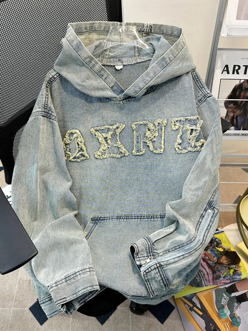 Men'S Autumn New Hoodies&Sweatshirts Letter Patchwork Denim Pullover Tops American Fashion Streetwear Ripped Hooded Jackets