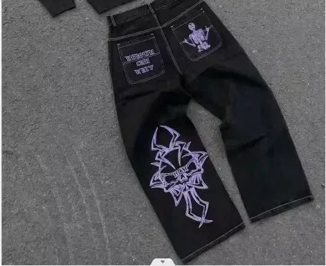 Y2K Gothic Embroidered Jeans Man Clothing Harajuku Casual Vintage Baggy Denim High Waist Wide Leg Trendy Patched Streetwear