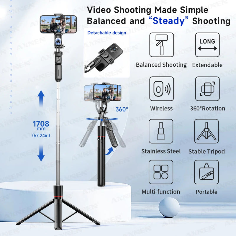 F16 Selfie Stick Tripod with 1708Mm Long 8-Section Pole, Bluetooth Remote, 360° Rotation, 1/4 Interface, for Phone Camera Vlog