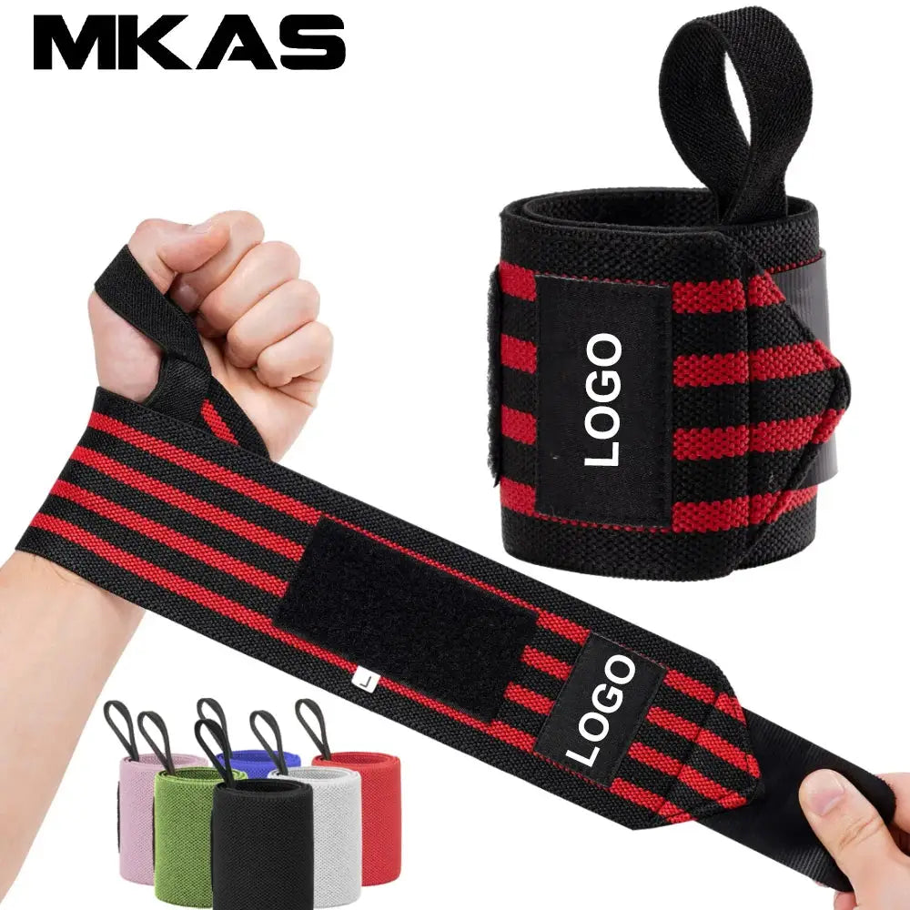 Red and black wristband wrist support brace straps with custom logo, extra strength weightlifting wraps for gym training