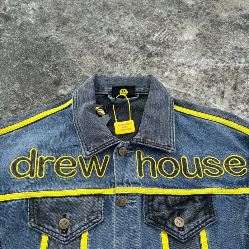 Autumn and Winter Designer Niche American outside the Denim with Black and Blue Patchwork Embroidered Letters