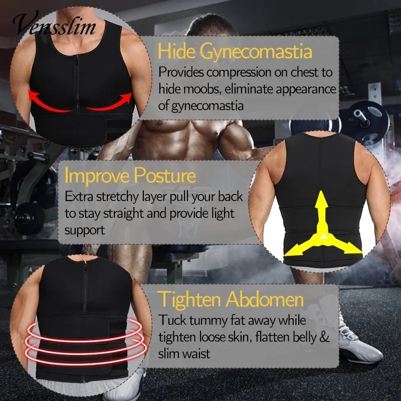 Vensslim Men Body Shaper Waist Trainer Vest Slimming Shirt Sauna Sweat Compression Undershirt Shapewear Fat Burner Workout Tops