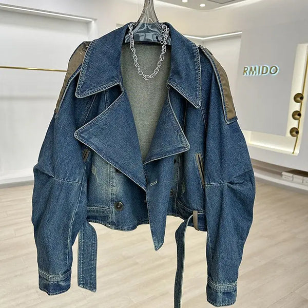 Retro Vintage Patchwork Denim Short Jacket for Women'S Autumn and Winter Design, Casual and Loose Short Top