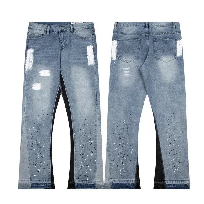 2024 High Street Splashed Ink Ripped Patchwork Jeans for Men and Women Trendy Brand American Straight Slim Micro-Flared Trousers