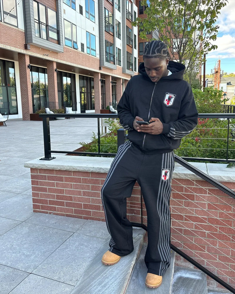 New Y2K Zip Hooded Sweatpants Set Men Two Piece Hip Hop Embroidered Vintage Stripe Oversized Hooded Sweatshirt Casual Pants Set