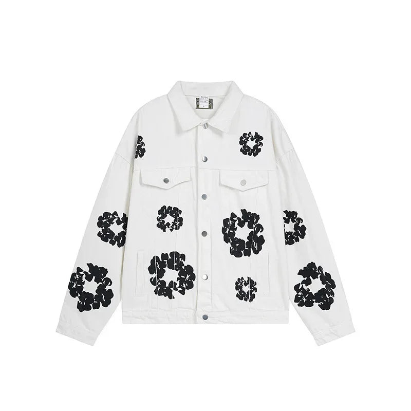 Wood Cotton Full Print Men'S Denim Jacket Coat High Street Washed Jeans Set Street Style Cotton Long Sleeve Flip Collar