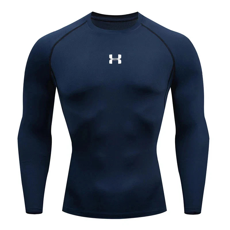 Men running compression T-shirt long sleeve athletic fitness top in navy blue polyester with quick dry feature