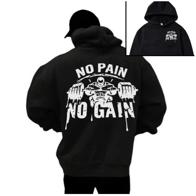 Unisex pullover hooded sweatshirt with "No pain No gain" gym graphic, black cotton casual streetwear for autumn winter and workout