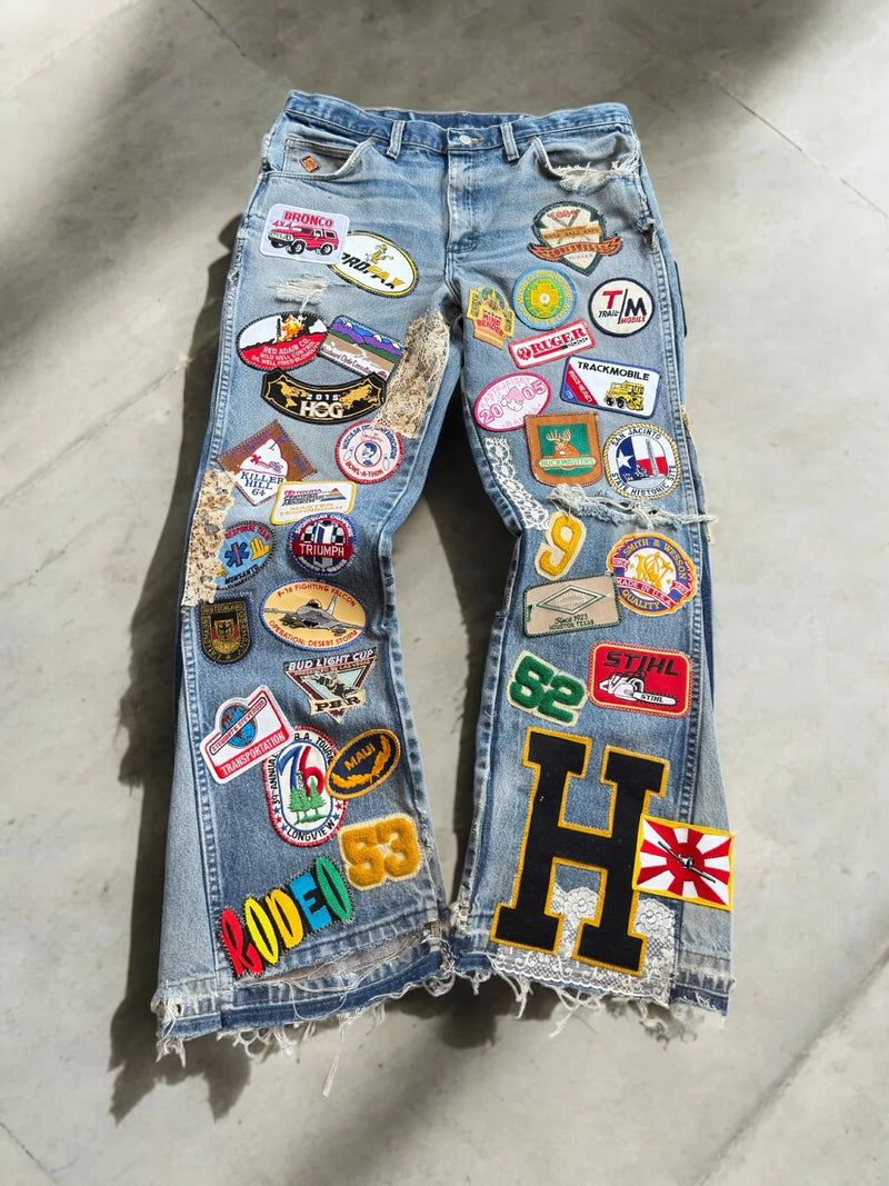 Y2K Gothic Embroidered Jeans Man Clothing Harajuku Casual Vintage Baggy Denim High Waist Wide Leg Trendy Patched Streetwear