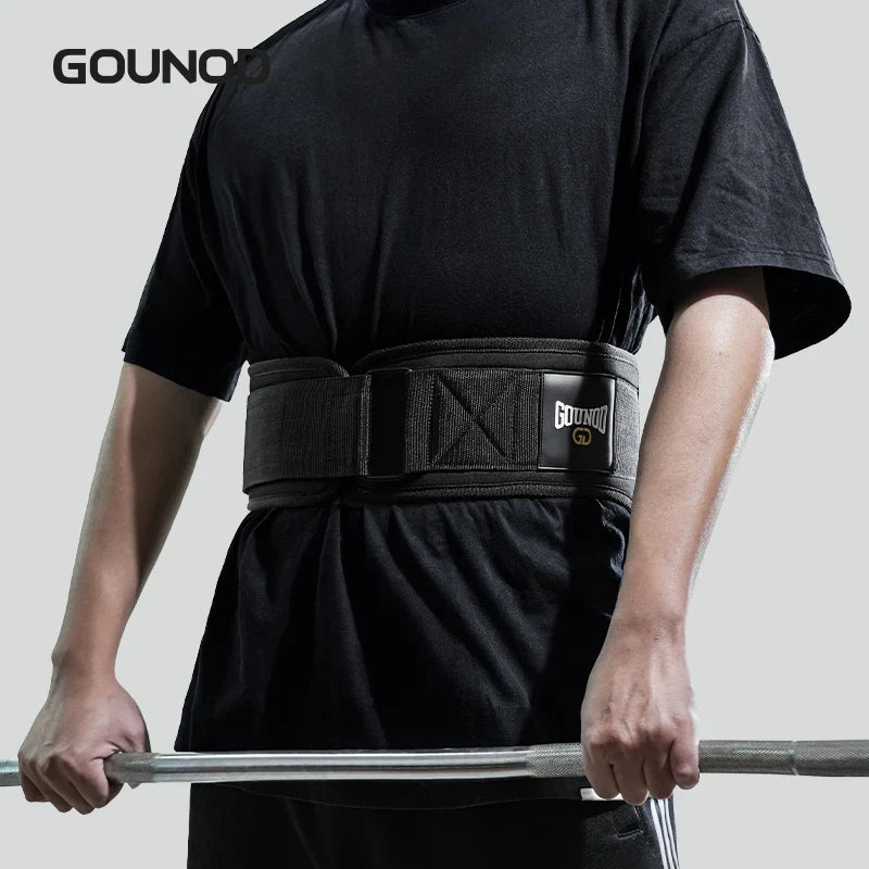 GOUNOD Weight Lifting Belt worn by person during workout for back support and powerlifting.