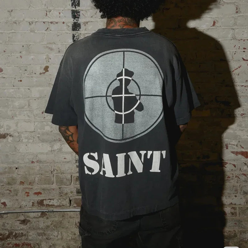 Vintage Washed Black Target Print Saint T-Shirt Men Women Streetwear Oversized High Quality T Shirt Casual Fashion Tee Tops