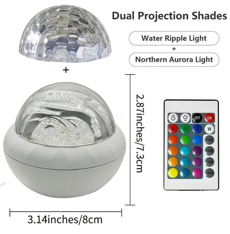 2 Scene - 16-Color Ocean Wave & 3D Water Ripple Projector Lamp with Remote Control – round LED Light for Relaxation & Romantic Night Ambience