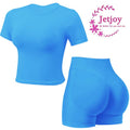 Jetjoy 2 Piece Workout Sets for Women, Long or Short Sleeve T Shirt Tank Top + Workout Shorts Butt Lifting Gym Seamless Booty Biker Shorts, Going Out Gym Sets Fitness Clothes Skinny Sportswear Compression Activewear Gymwear Fitness Clothes